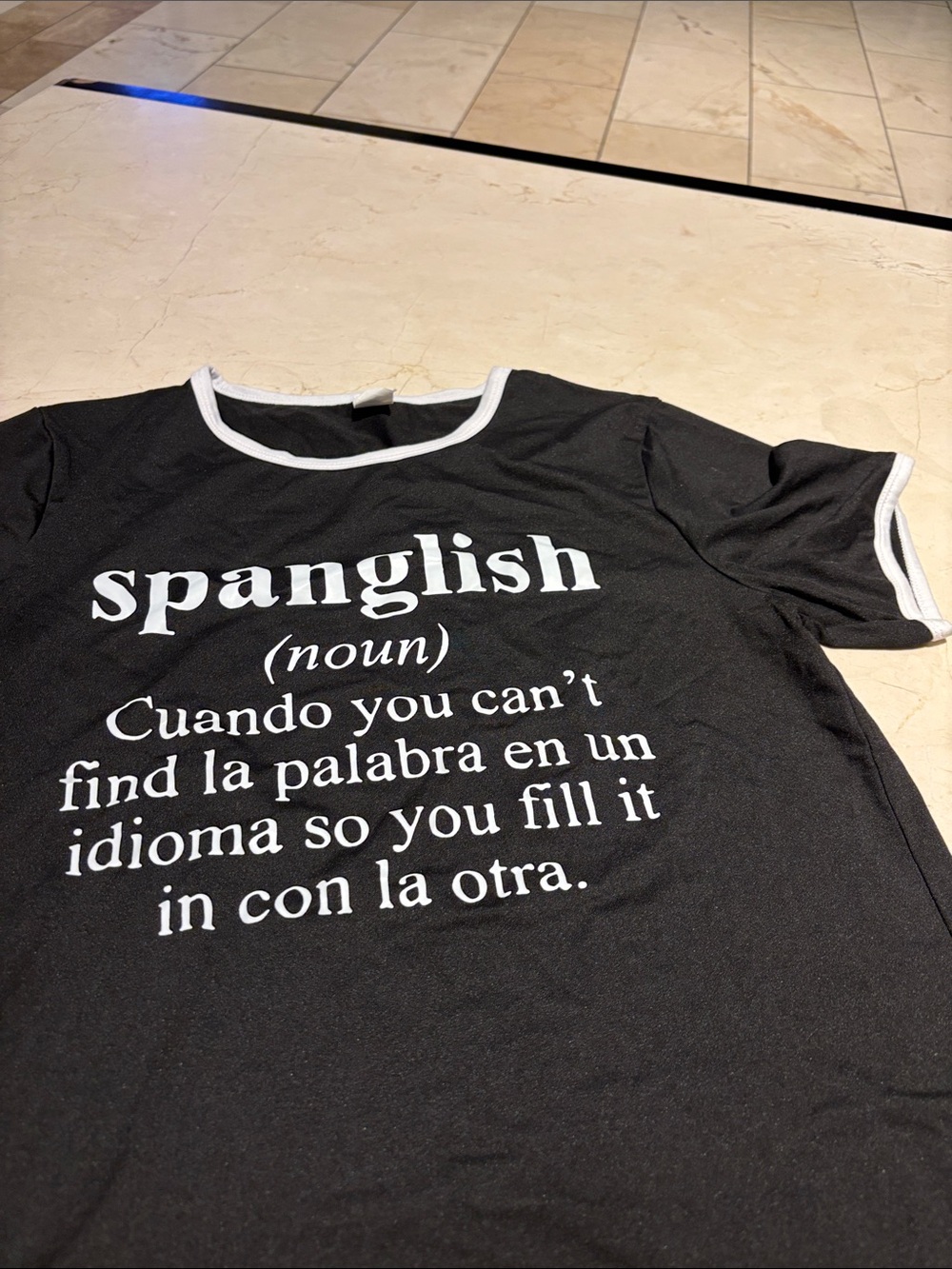 Spanglish Graphic Ringer T-Shirt - Black with White Trim - Picture 6 of 7